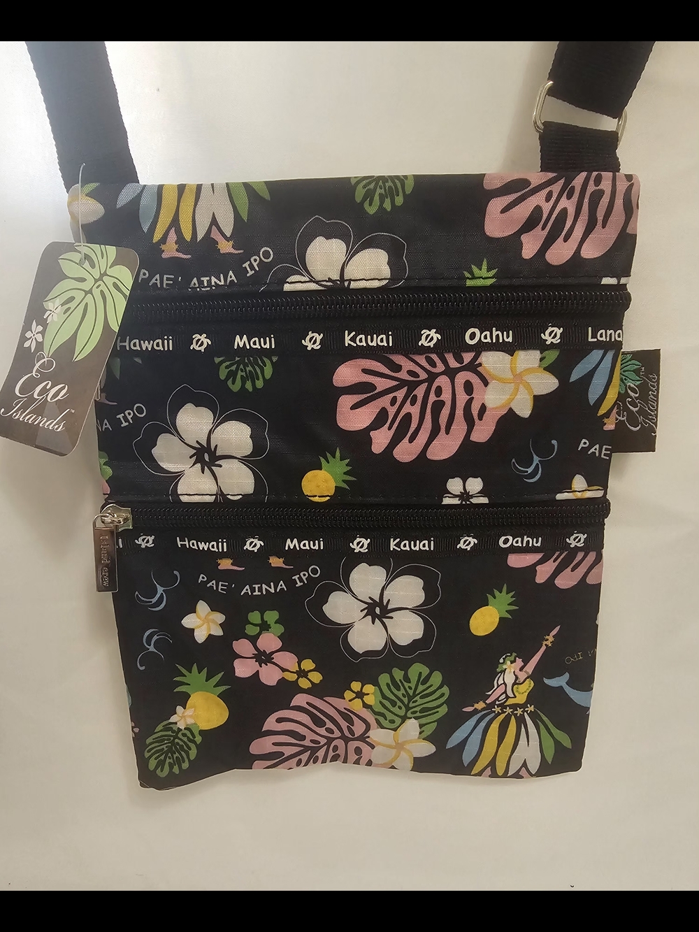 Floral Crossbody Bag - Black with Pink & White Tropical Print
